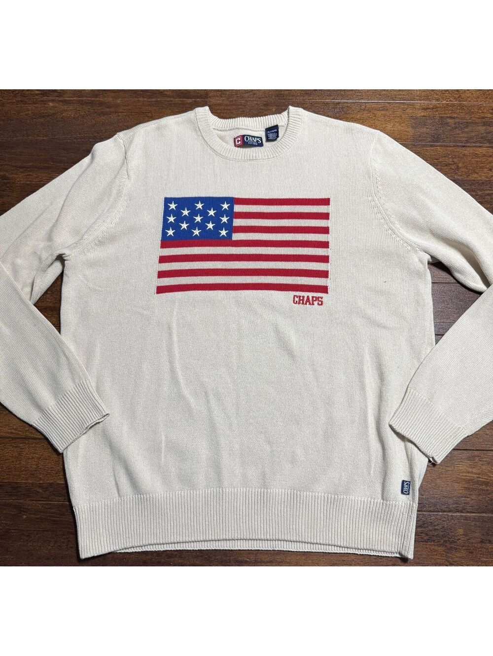 Chaps Mens American Flag Sweater XL Cream Cotton Blend Knit Patriotic Crewneck